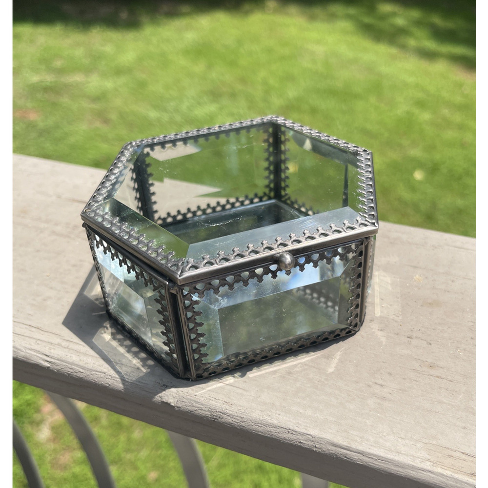 Leaded Beveled Glass Octagon Jewelry Box Trinket Mirrored Bottom Nicole Miller